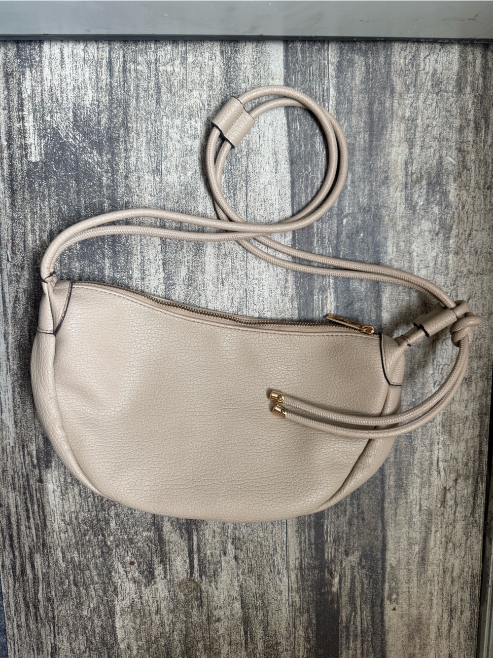 Taupe Leather Crossbody Bag with Gold Hardware